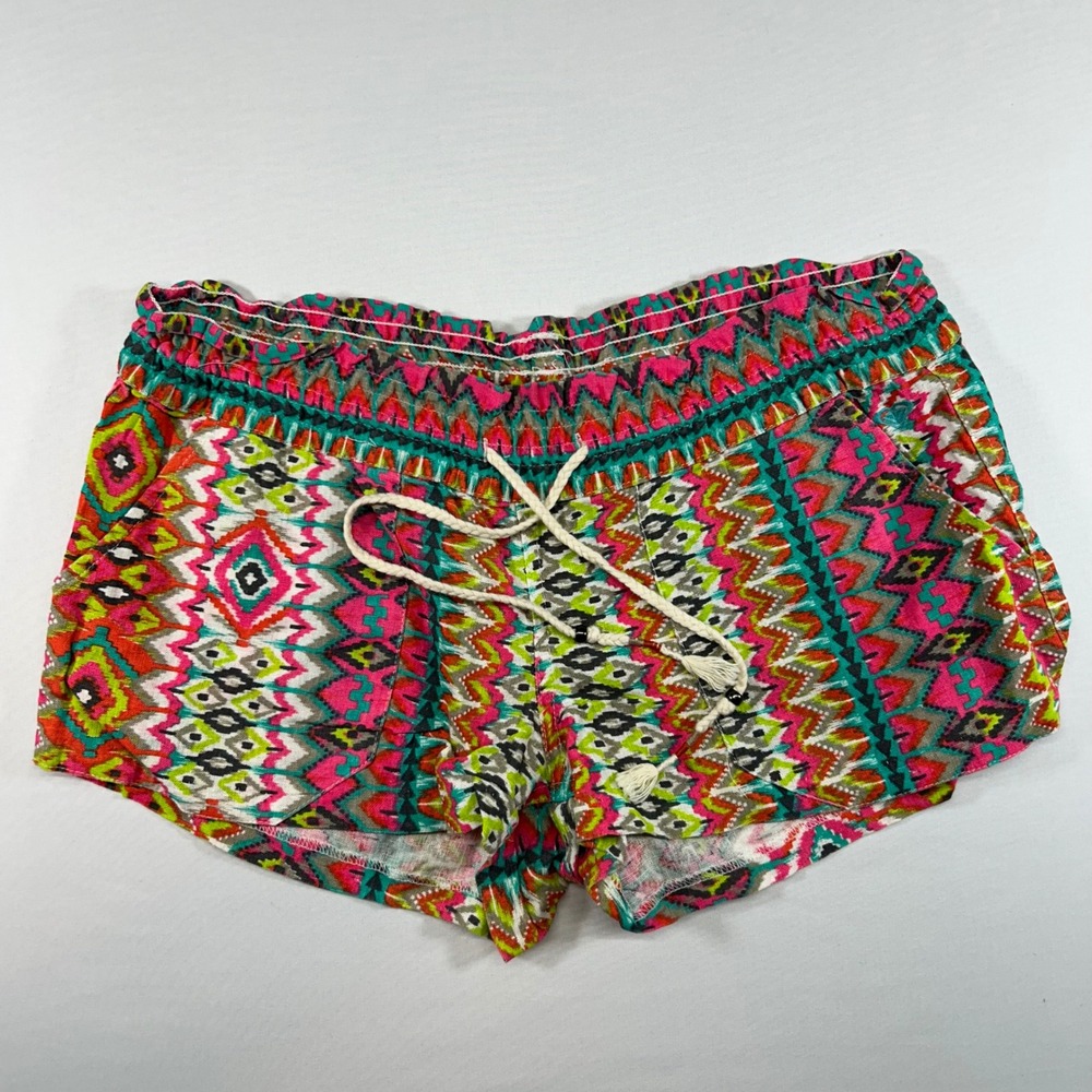 Roxy Womens Medium Geometric Tribal Print Shorts Braided Tassel Drawstring Pink